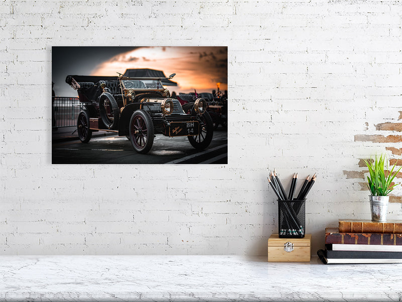 De Bion Bouton 1904 in evening light on a seafront of Brighton, Veteran Car Run 2023. Print or framed photography art.