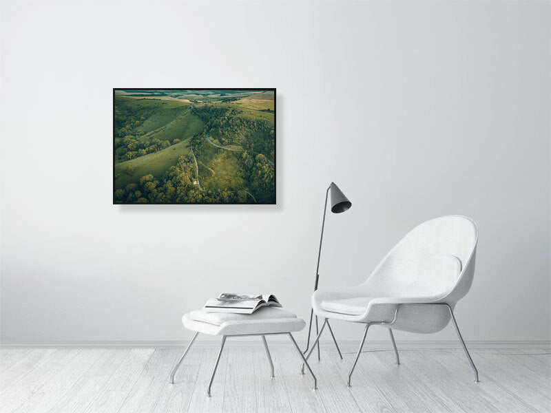 Green landscape by Ditchling Beacon on early summer evening. Framed print photography art.