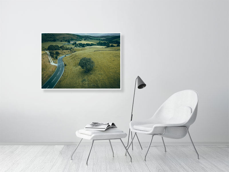 Aerial view of winding roads of Wincle, Macclesfield, surrounded by beautiful nature going through high hills and deep canyons. Print or framed photography art, wall decor.
