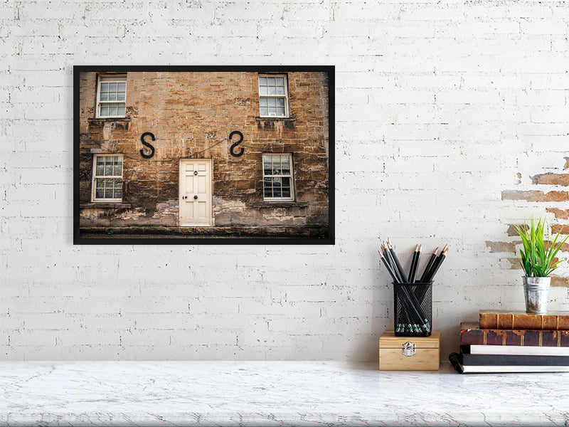 Old limescale brick building in historic town of Northleach, Cheltenham, Cotswold. Print or framed art photography, wall decor.