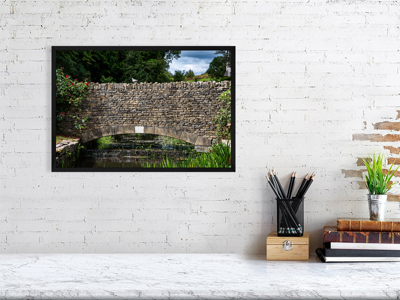Old bridge with a pigeon on it, Northleach, Cheltenham, Cotswold, UK. Print of framed photography art, wall decor.