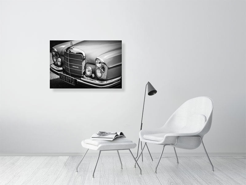 Classic, luxury Mercedes-Benz W109 W108 280SE in black and white. Print or framed art photography.