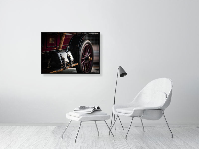 Extra fuel canister on a side of De Bion Bouton 1904, polished and reflective. Print or Framed photography art.