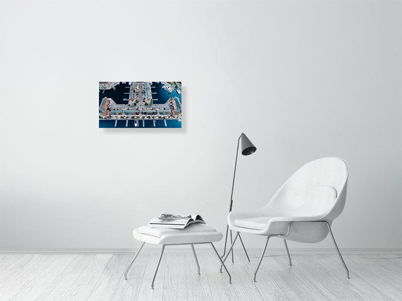 Aerial view of Brighton Marina blue waters with nice building geometry. Print of framed photography art.