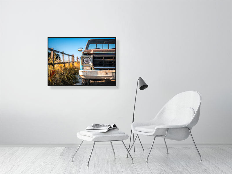 Classic Chevrolet truck form 70's at the farm on a warm sunny evening. Print or framed art photography.