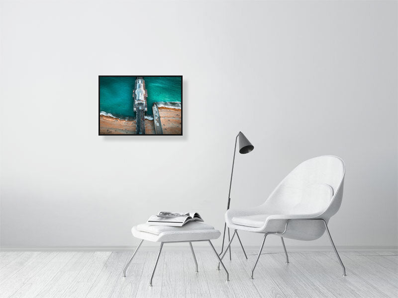 People gathering on a pier to watch sunset falling on Brighton. Print or framed photography art.