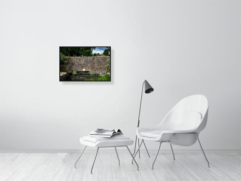 Old bridge with a pigeon on it, Northleach, Cheltenham, Cotswold, UK. Print of framed photography art, wall decor.