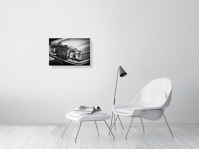 Classic, luxury Mercedes-Benz W109 W108 280SE in black and white. Print or framed art photography.