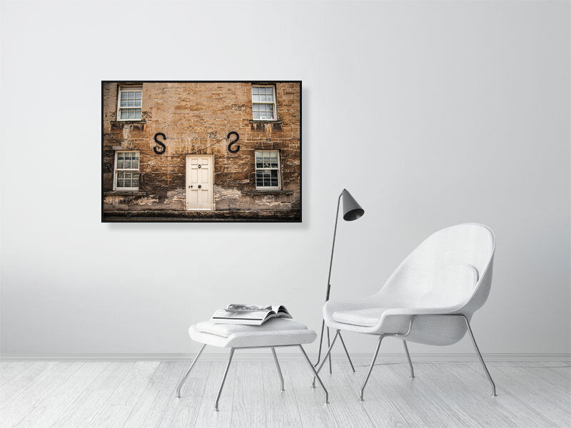 Old limescale brick building in historic town of Northleach, Cheltenham, Cotswold. Print or framed art photography, wall decor.