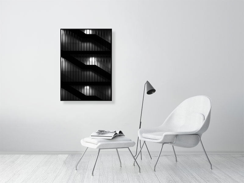 Stairs behind the glass at night. Print or framed art photography.