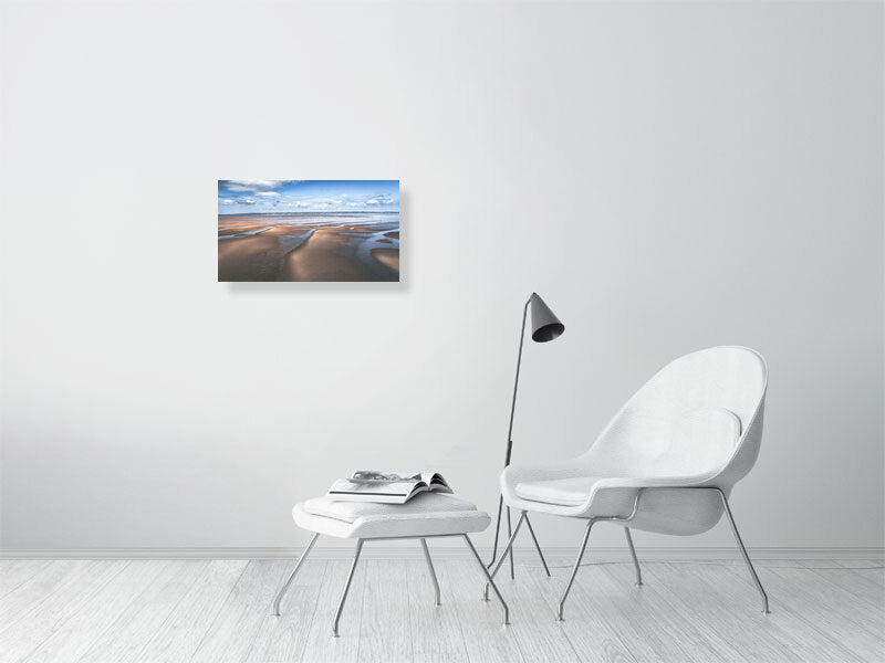 Dunes on a beach on a sunny day in Wales. Print photography art.