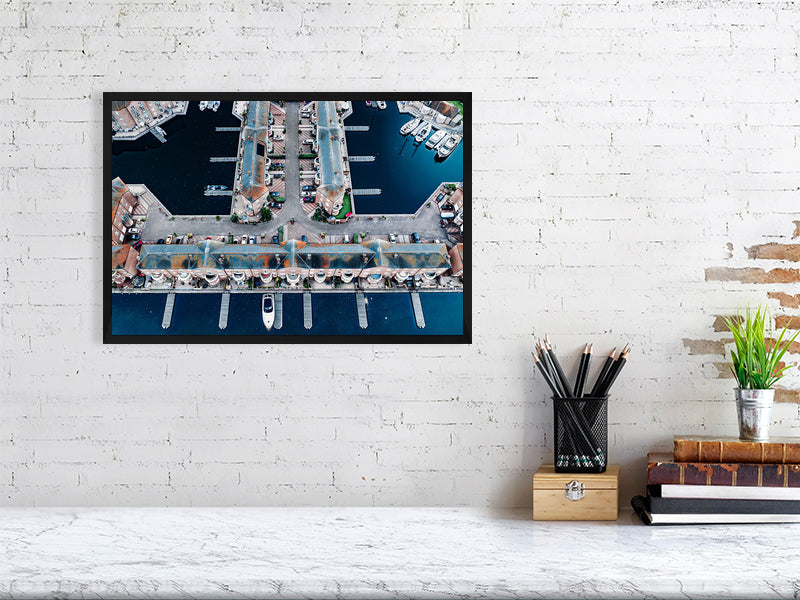 Aerial view of Brighton Marina blue waters with nice building geometry. Print of framed photography art.