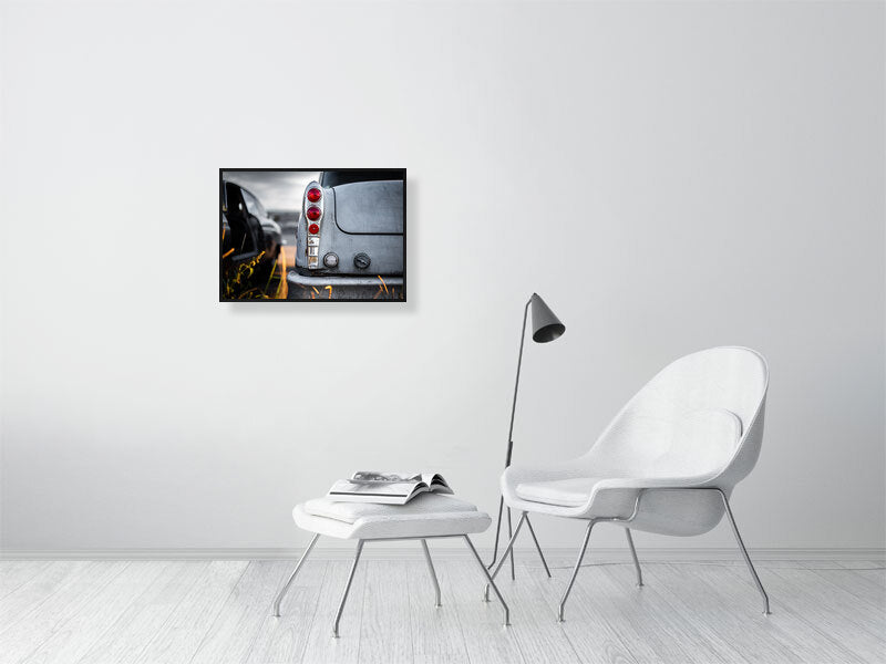 Old classic, American cab, used to be yellow taxi waiting for respray on calm evening. Print or framed art photography.