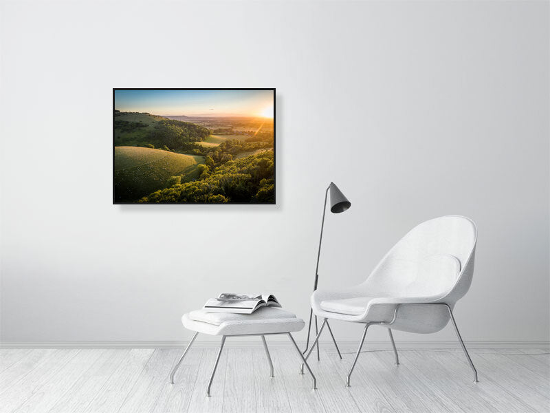 Devils Dyke in a golden hour on a warm summer evening, Brighton, UK. Print or framed photography art.