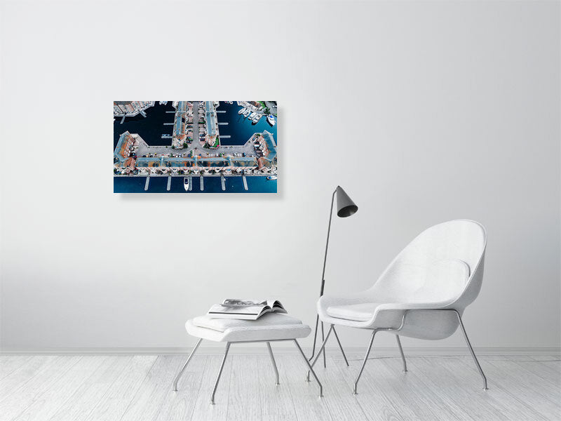 Aerial view of Brighton Marina blue waters with nice building geometry. Print of framed photography art.