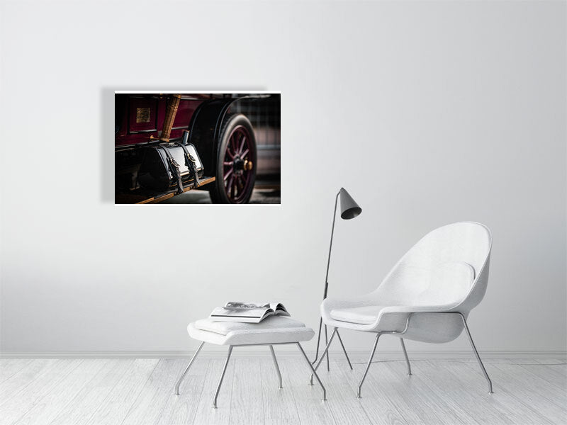 Extra fuel canister on a side of De Bion Bouton 1904, polished and reflective. Print or Framed photography art.