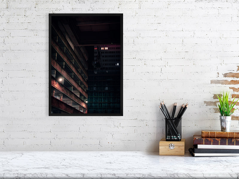 Night photo of architecture and building under renovation in centre of Brighton, print or framed art photography.