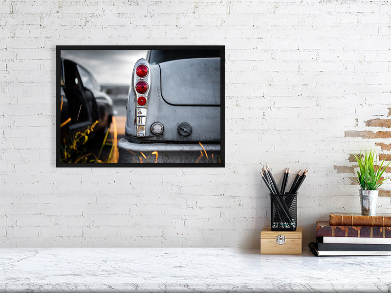 Old classic, American cab, used to be yellow taxi waiting for respray on calm evening. Print or framed art photography.
