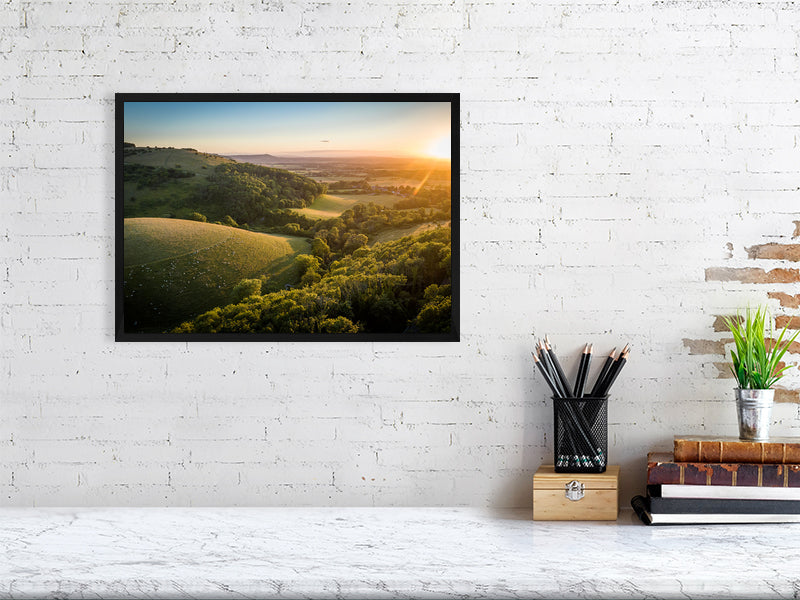 Devils Dyke in a golden hour on a warm summer evening, Brighton, UK. Print or framed photography art.