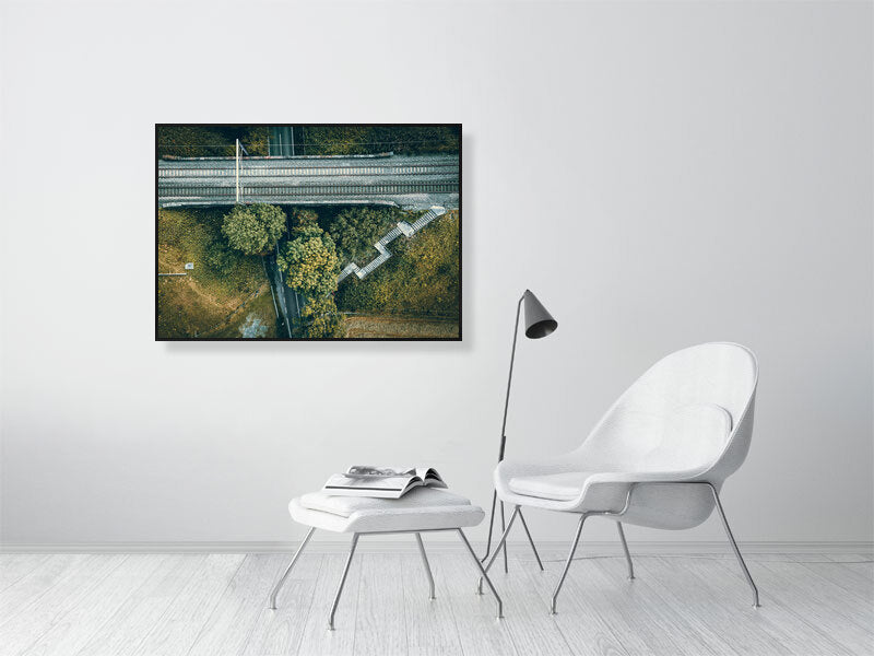 Aerial view of a small rail bridge over the road with footpath and steps leading to it. Print of Framed Photography art, wall decor.