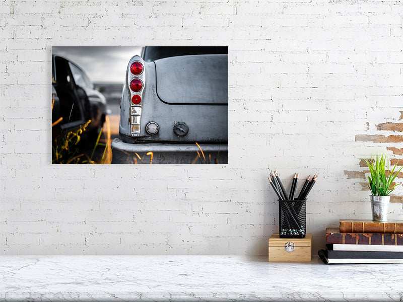 Old classic, American cab, used to be yellow taxi waiting for respray on calm evening. Print or framed art photography.
