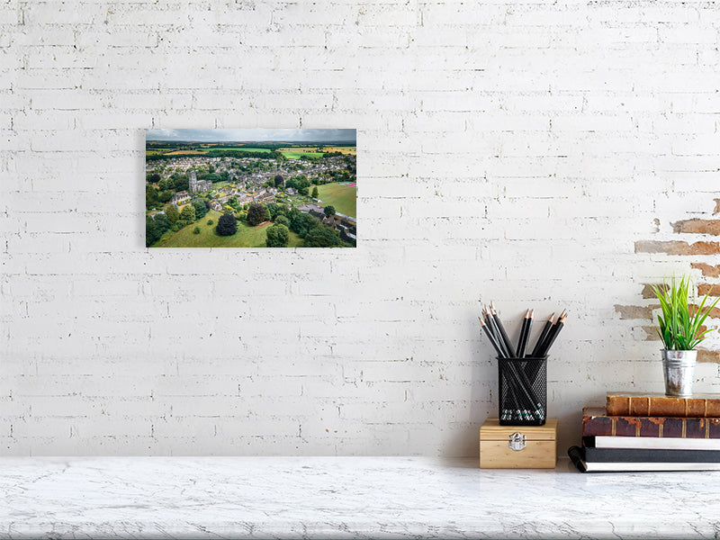 Aerial view of a historic town of Northleach, Cheltenham, Cotswold, UK. Print of framed photography art, wall decor.