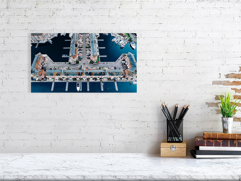 Aerial view of Brighton Marina blue waters with nice building geometry. Print of framed photography art.