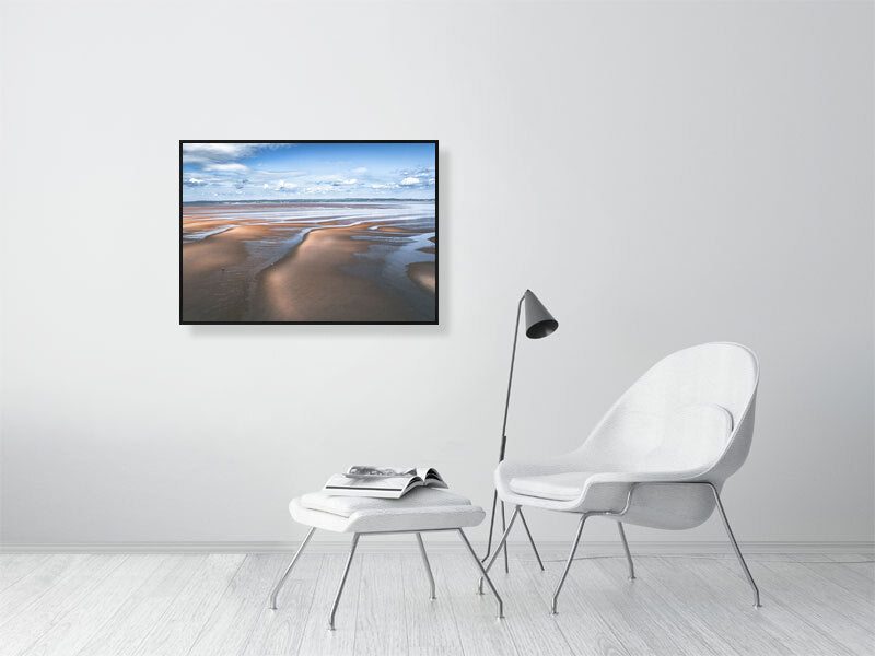 Dunes on a beach on a sunny day in Wales. Framed print photography art.