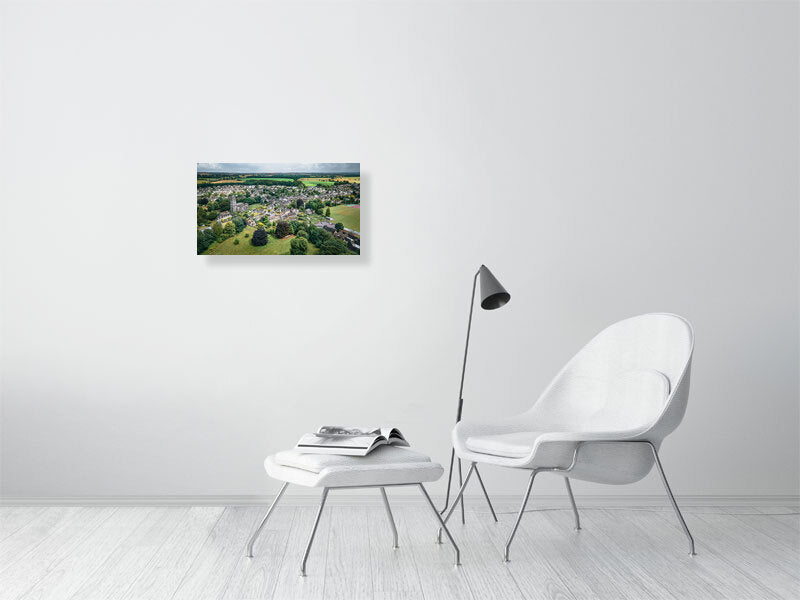 Aerial view of a historic town of Northleach, Cheltenham, Cotswold, UK. Print of framed photography art, wall decor.