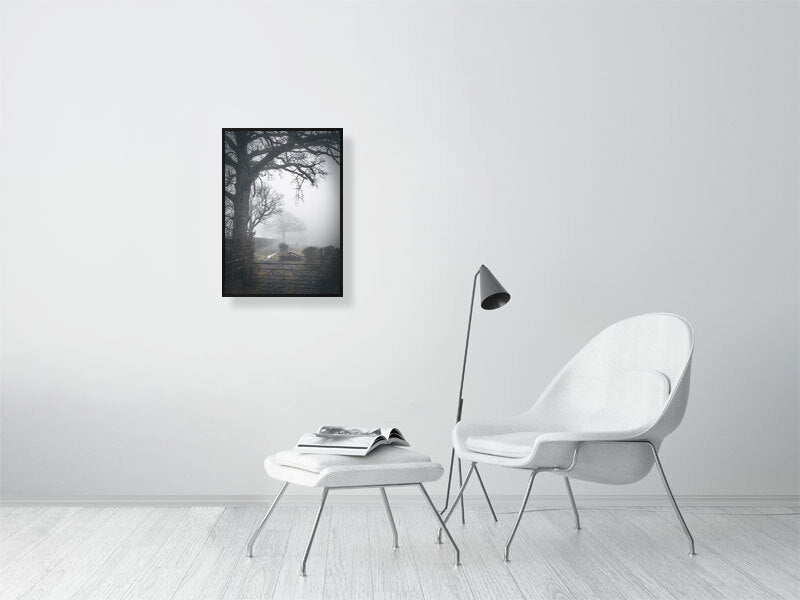 Misty morning on a farm in England, West Sussex. Framed print photography art.