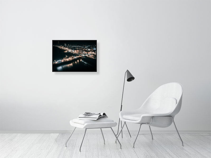 Aerial View of Brighton Pier on a cold winter night. Print or framed photography art.