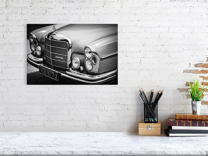 Classic, luxury Mercedes-Benz W109 W108 280SE in black and white. Print or framed art photography.