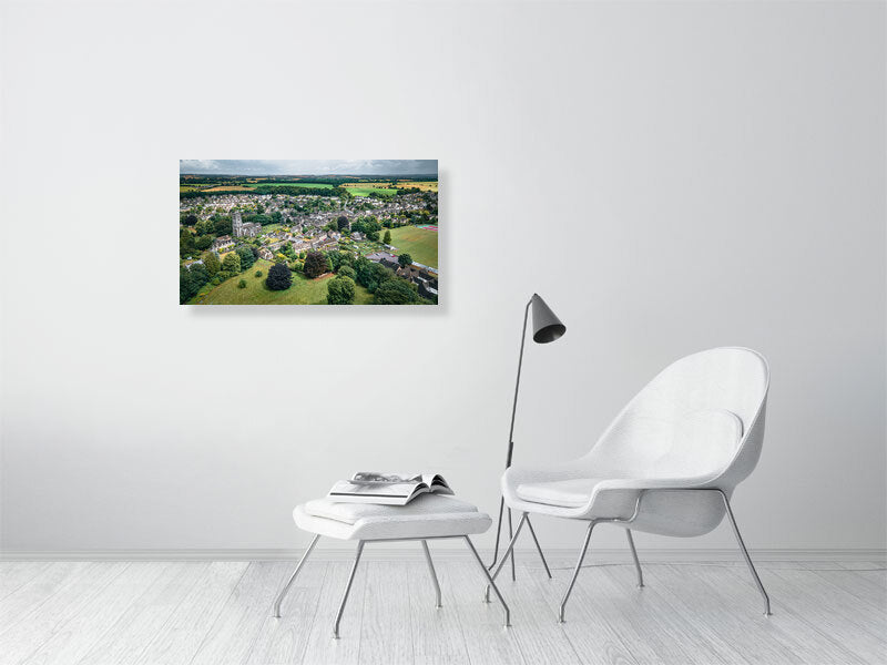 Aerial view of a historic town of Northleach, Cheltenham, Cotswold, UK. Print of framed photography art, wall decor.