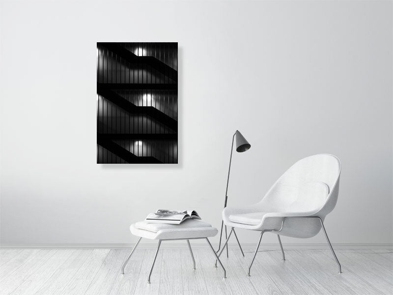 Stairs behind the glass at night. Print or framed art photography.