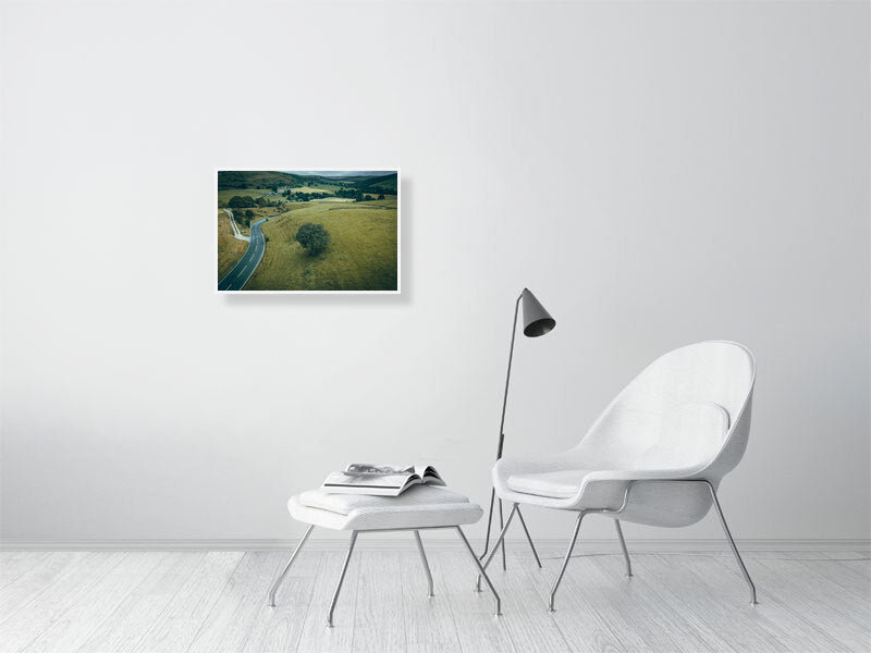 Aerial view of winding roads of Wincle, Macclesfield, surrounded by beautiful nature going through high hills and deep canyons. Print or framed photography art, wall decor.