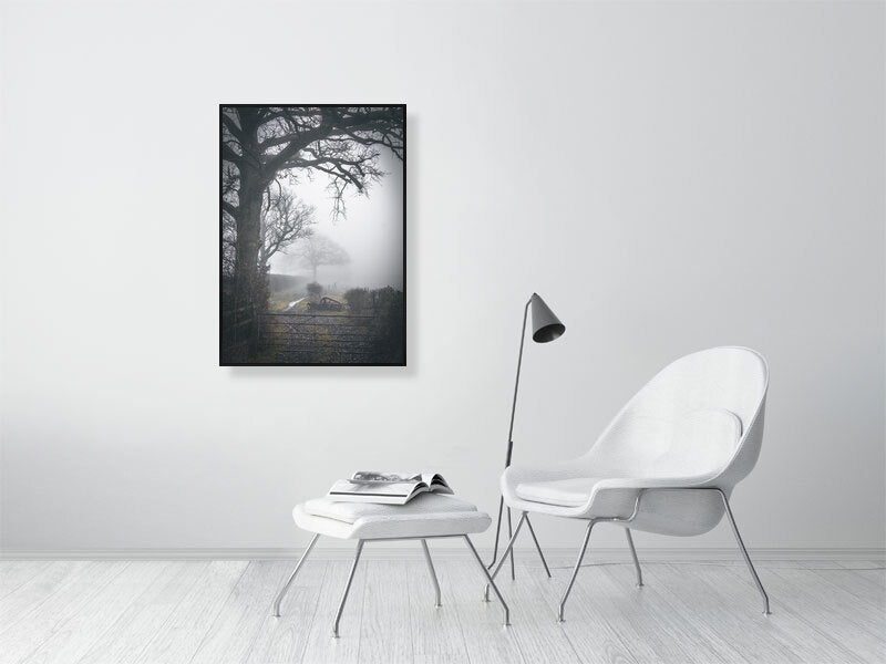 Misty morning on a farm in England, West Sussex. Framed print photography art.