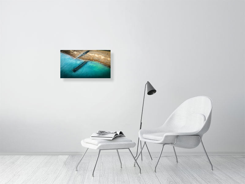 Aerial view of clear waters of West Sussex beach. Print or framed photography art.