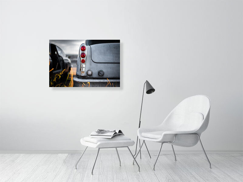 Old classic, American cab, used to be yellow taxi waiting for respray on calm evening. Print or framed art photography.