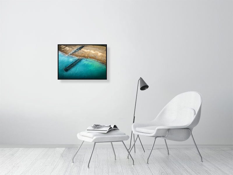 Aerial view of clear waters of West Sussex beach. Print or framed photography art.