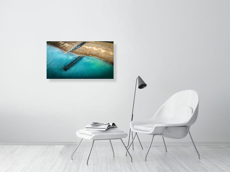 Aerial view of clear waters of West Sussex beach. Print or framed photography art.
