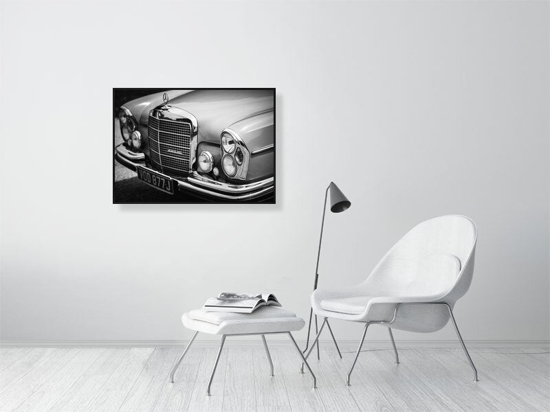 Classic, luxury Mercedes-Benz W109 W108 280SE in black and white. Print or framed art photography.