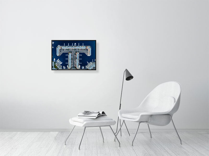 Aerial view of Brighton Marina blue waters with nice building geometry. Print of framed photography art.