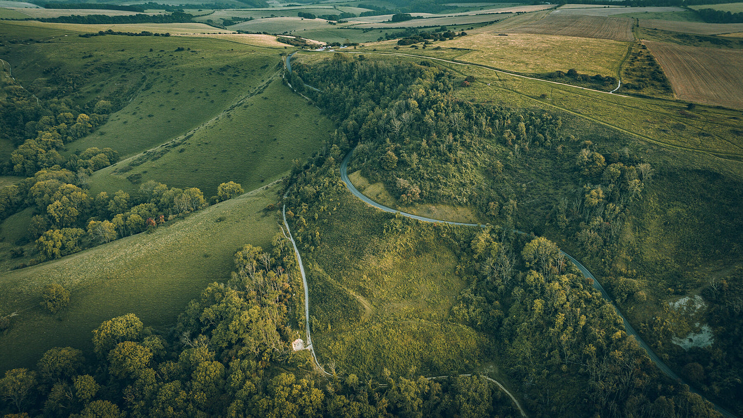 Green landscape by Ditchling Beacon on early summer evening. Print of framed photography art.