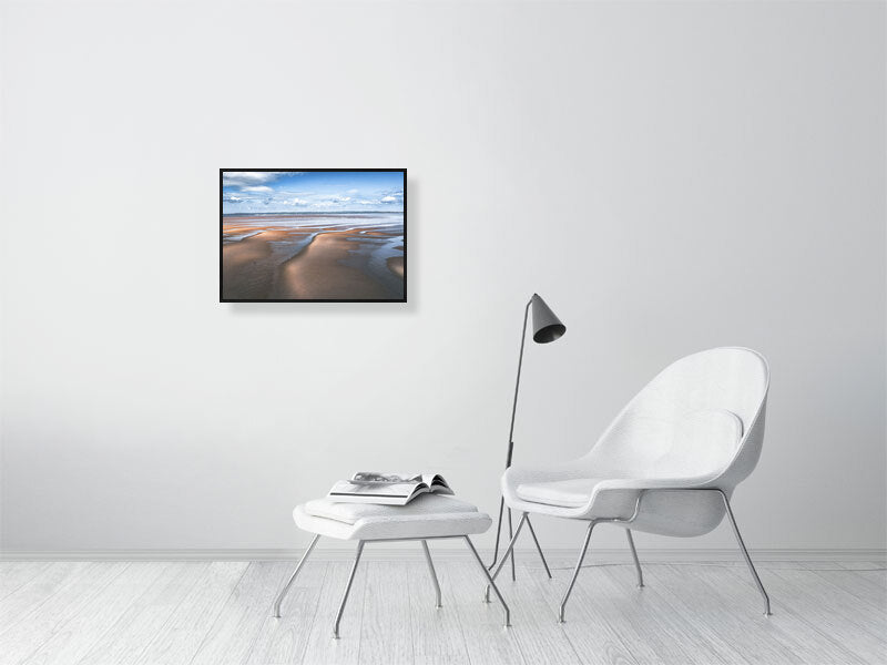 Dunes on a beach on a sunny day in Wales. Framed print photography art.