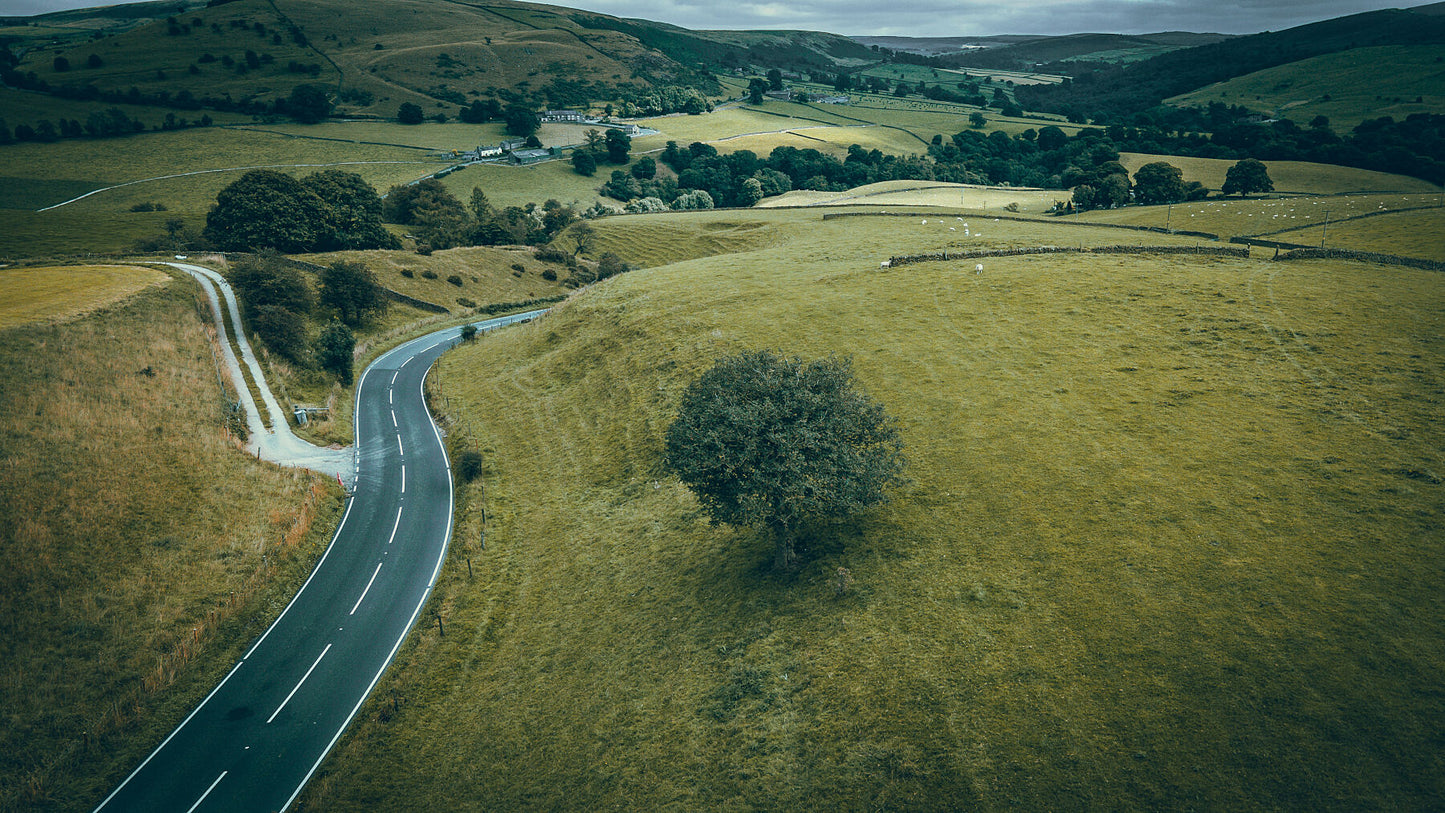 Aerial view of winding roads of Wincle, Macclesfield, surrounded by beautiful nature going through high hills and deep canyons. Print or framed photography art, wall decor.