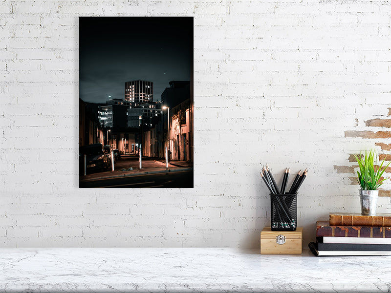 Office building poking out on a background of the residential side of city. Print of framed photography art.