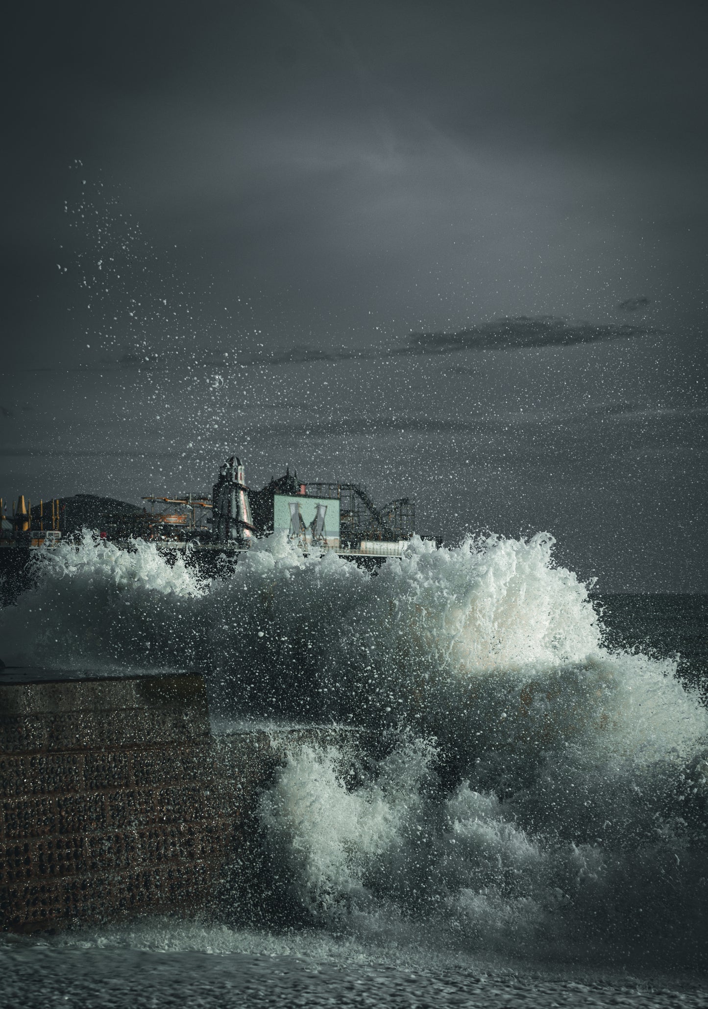 Stormy weather in Brighton on a first days of spring, waves and water splashes on the Brighton beach. East Sussex, UK. Photography print, not framed. Wall decor, photography art.