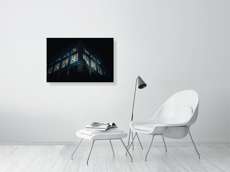 Late night blue office lights, modern building architecture in Brighton. Print or framed photography art.