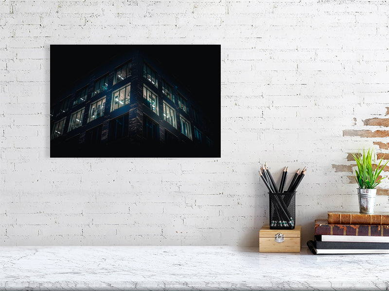Late night blue office lights, modern building architecture in Brighton. Print or framed photography art.