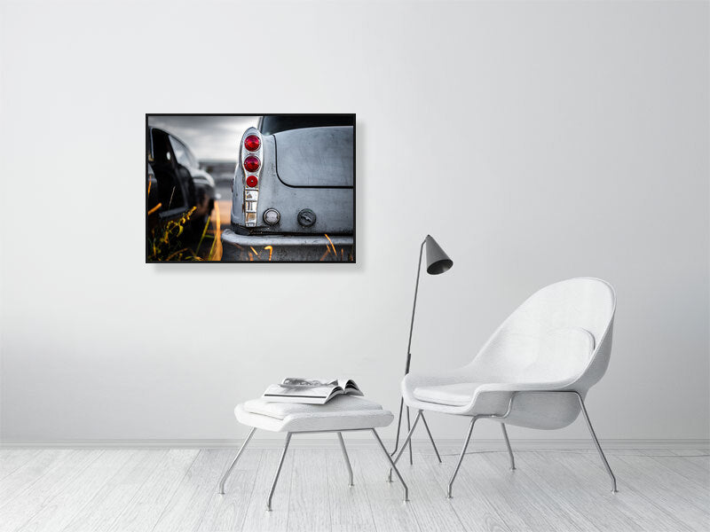 Old classic, American cab, used to be yellow taxi waiting for respray on calm evening. Print or framed art photography.